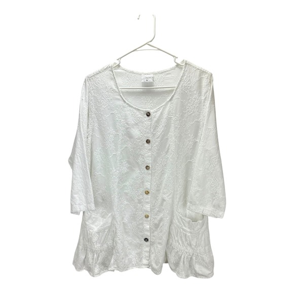 Color Me Cotton Tops - Color Me Cotton CMC White Embroidered Tunic Top 3/4 Sleeve Button Up  Pockets XL